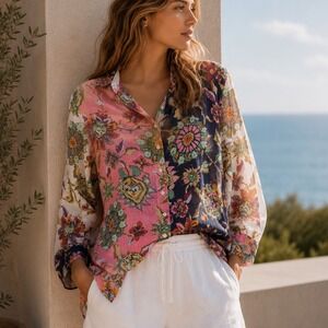 Cino Floral Patchwork Button Down Shirt Womens Large Multicolor Crinkle Boho